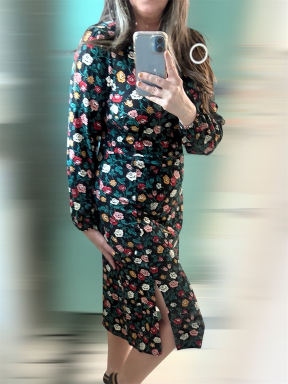 LOFT Outlet Black Long Sleeve Floral Midi Dress Front Slit Petite M NWT